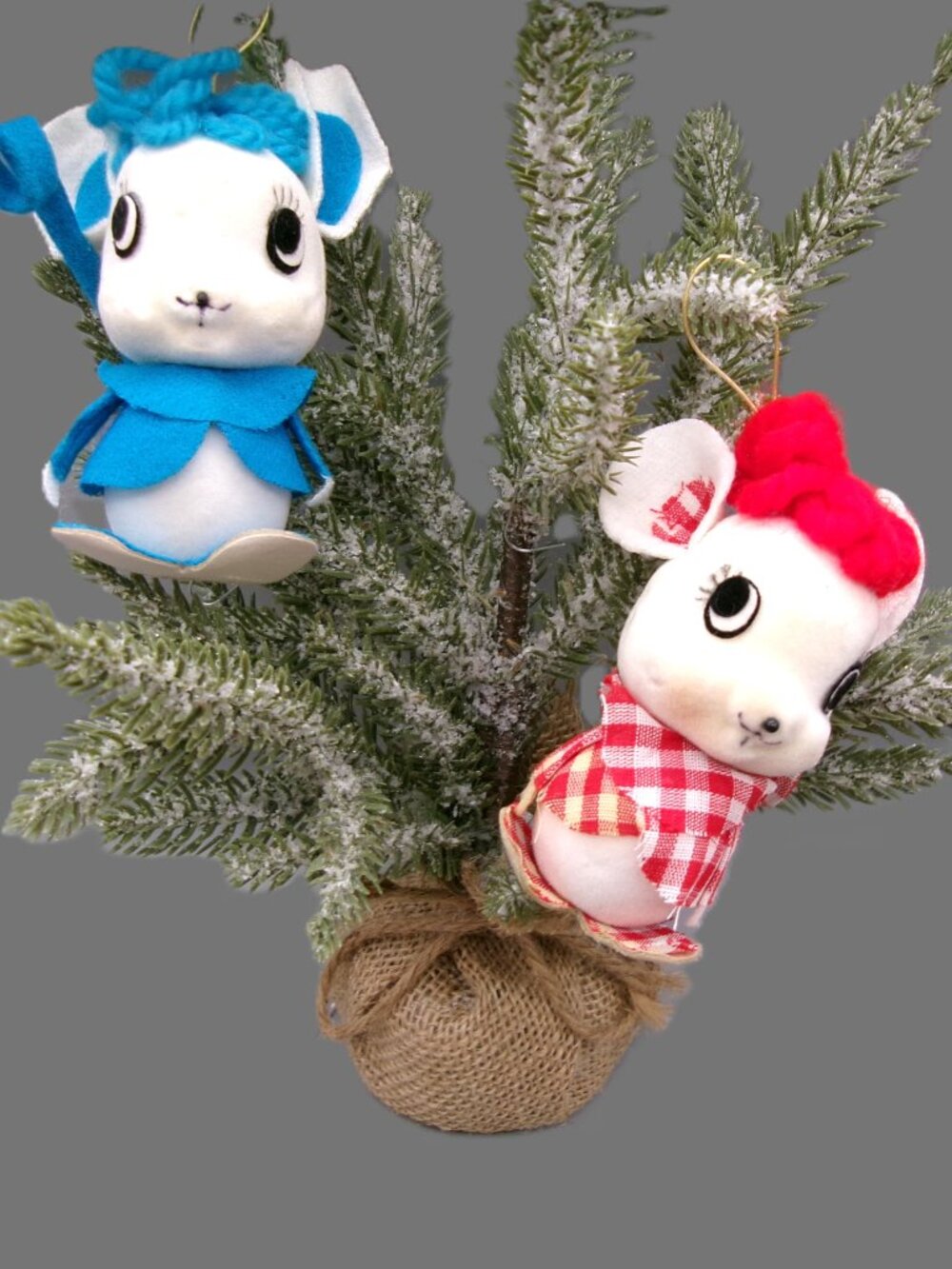 2 Mice Mouse Flocked Felt Ornaments, Anthropomorphic Vintage Christmas Lot